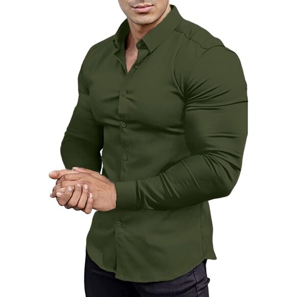 Men’s Muscle Fit Dress Shirts Athletic Slim Fit Long Sleeve Button Down Shirt - Picture 1 of 6